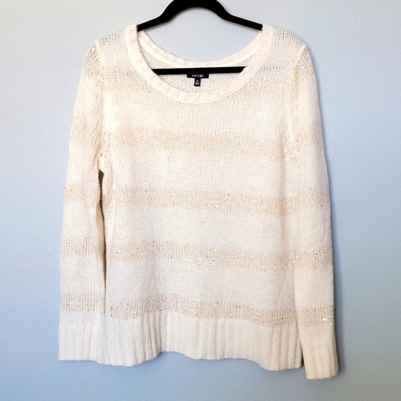 Apt 9 cream knit fuzzy sequin striped sweater XL - Picture 1 of 7